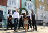 Staff from restaurant and hotel, Becketts, in Bellevue Terrace, Southsea. Pictured is: (back l-r) Jack Sencherey-Evans, head chef, Ben Taylor-Smith, junior sous chef and Charlie Akehurst, chef de partie, with (front l-r) Kealan Blenkinsop, assistant manager, Soraya Parker, owner, and Terence Carvalho, general manager, outside the venue. Picture: Sarah Standing (110820-2573)