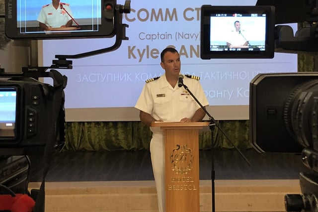 Captain Kyle Gantt, deputy commander of Task Force 65 within the US Navy, at the opening ceremony for Operation Sea Breeze 2021. Picture: Exercise Sea Breeze Twitter Account, @ExSeaBreeze