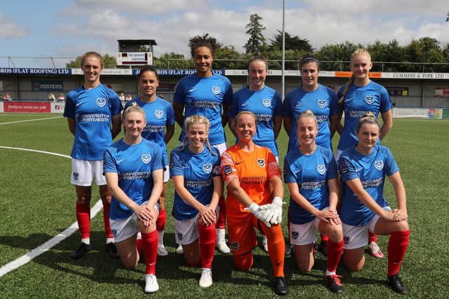 Portsmouth Women pictured before a game at Westleigh Park last season. Back (from left) Shannon Albuery, Cherelle Khassal , Jazz Younger, Ava Rowbotham, Dani Lane, Evie Gane. Front: Rosie McDonnell, Danielle Rowe, Hannah Haughton, Hayley Bridge, Rebekah Tonks. Picture by Dave Haines