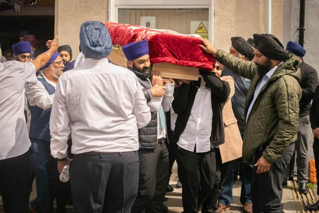 Pictured: Coffin holding Gurbax Singh Bhakar's body leaving the Sikh temple, Guru Nanak Sar Gurdwara, Margate Road, Somers Town. Picture: Habibur Rahman