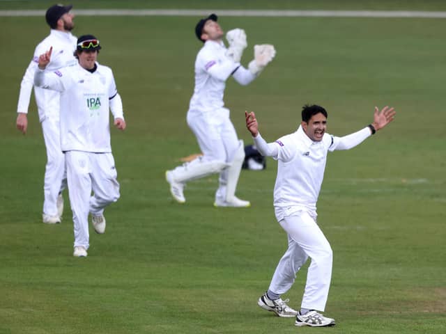 Mohammad Abbas appeals for a wicket during day two of the LV= Insurance County Championship match between Leicestershire and Hampshire at Grace Road. Photo by Alex Pantling/Getty Images.