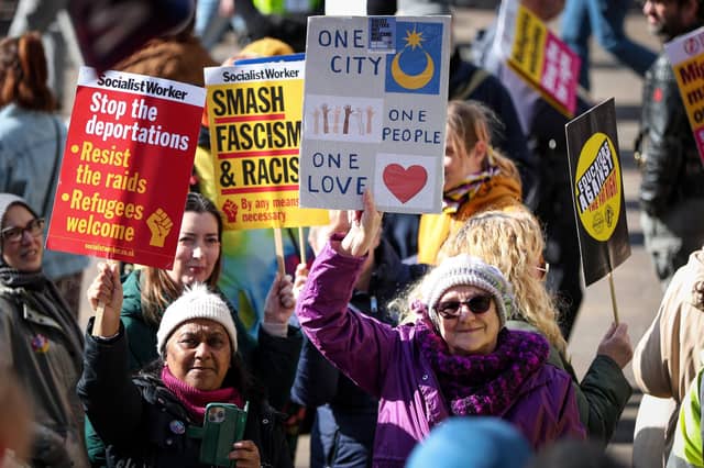 A Unity Rally, arranged by Stand Up To Racism Portsmouth, and a mass-deportation demonstration, arranged by UKIP, took place in Portsmouth's Guildhall on Saturday, March 15. Picture: Chris Moorhouse (150325-093)