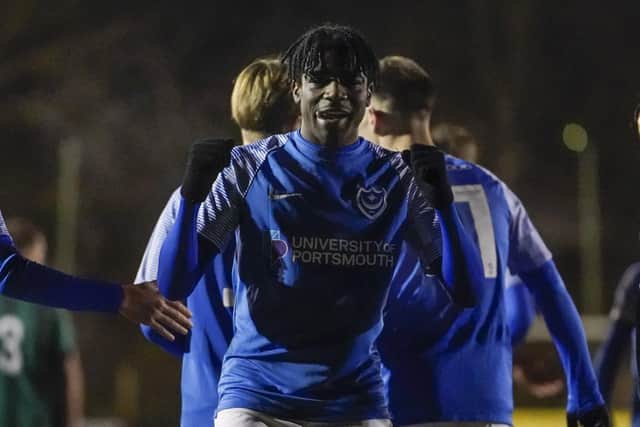 Koby Mottoh celebrates his 15th goal of the season as Pompey defeated Andover New Street 5-0 in the Hampshire Senior Cup on Tuesday night. Picture: Jason Brown