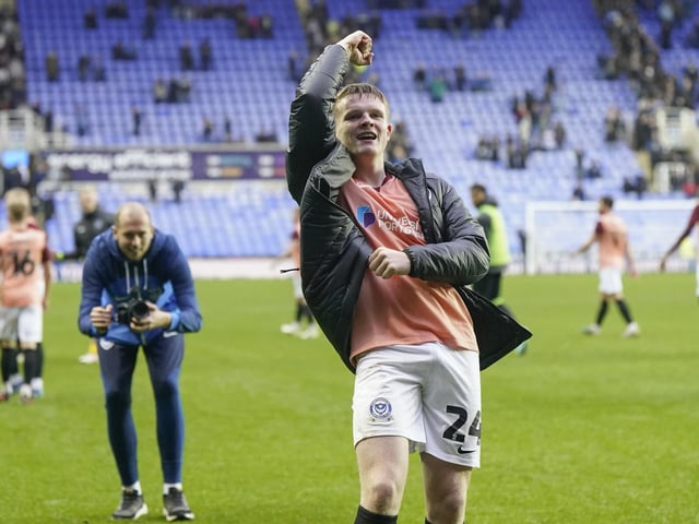 Pompey match-winner Terry Devlin enjoys his moment in front of the Pompey fans at the final whistle