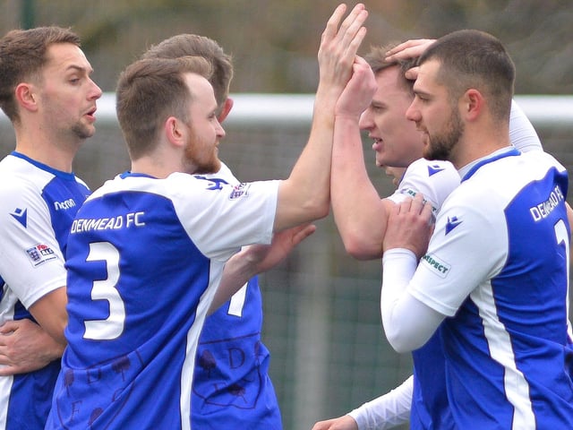Denmead celebrate one of their four goals. Picture by Martyn White