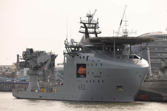 RFA Proteus alongside HMS Belfast in London, on Monday 9th October 2023, ahead of her Service of Dedication on Tuesday 10th October 2023. Picture: Petty Officer Joel Rouse.