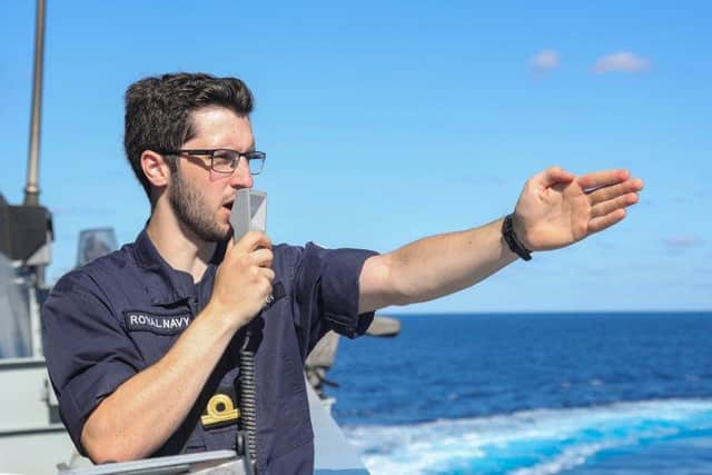 One of HMS Trent's young sailors during training drills in the Mediterranean as the warship joined a Nato operation in the region. Photo: LPhot Luke