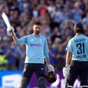 England's James Vince celebrates reaching his maiden senior international century.