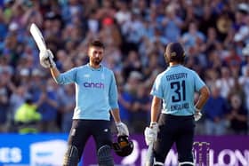 England's James Vince celebrates reaching his maiden senior international century.