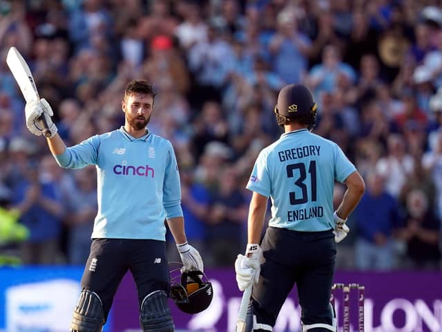 England's James Vince celebrates reaching his maiden senior international century.
