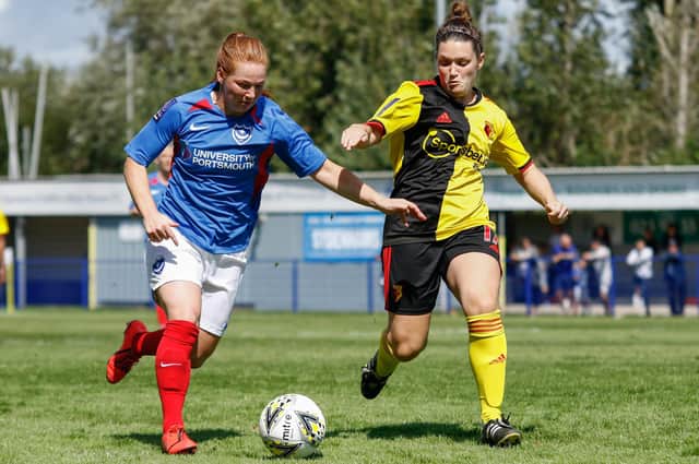 Pompey Woman in action against Watford at Baffins Milton last season. The club are now exploring other options for a home ground in 2020/21. Picture: Jordan Hampton