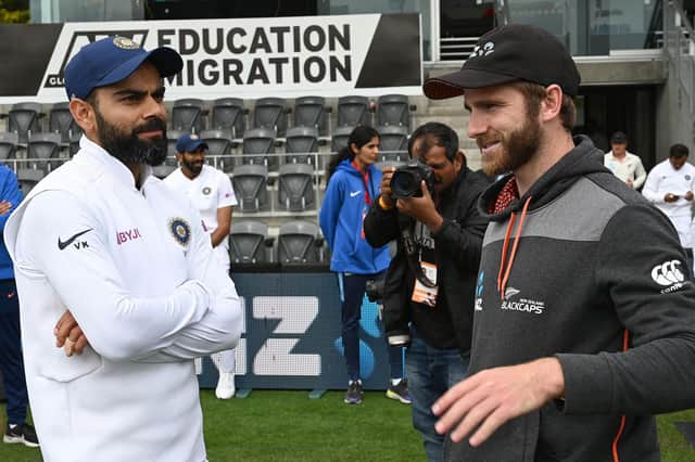Virat Kohli, left, and Kane Williamson will captain India and New Zealand respectively in the inaugural World Test Championship final at Hampshire's Ageas Bowl starting on Friday. Photo by PETER PARKS/AFP via Getty Images.