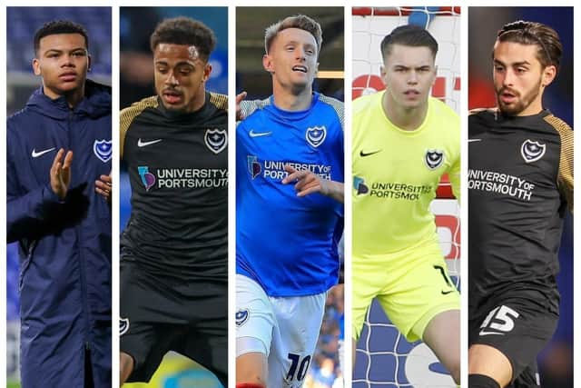 Pompey loanee's (from left) Dane Scarlett, Josh Koroma, Joe Pigott, Josh Griffiths and Owen Dale.