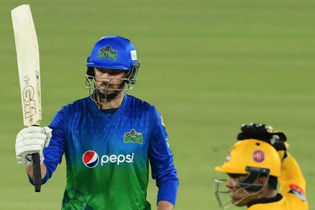 James Vince acknowledges his half century during the Pakistan Super League match between Multan Sultans and Peshawar Zalmi in Karachi on Tuesday. Photo by Asif HASSAN / AFP.