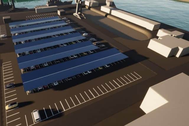 Solar panel canopies over a car park at Portsmouth Naval Base, which are due to be installed with a BEIS grant