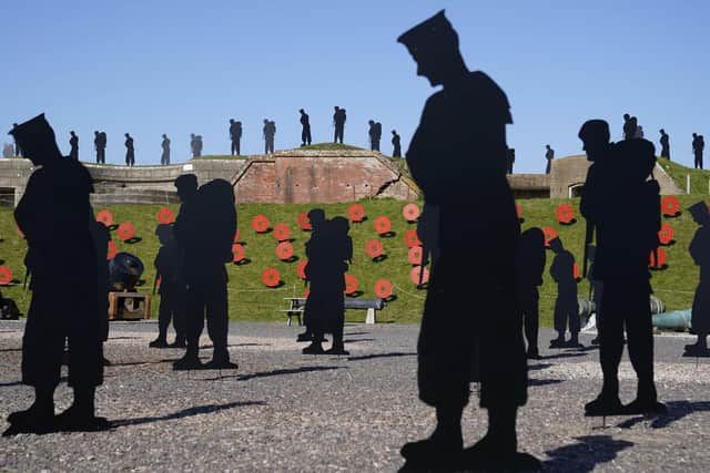 A view of silhouettes which are part of the Standing With Giants art installation at the Royal Armouries Fort Nelson in Portsmouth. The outdoor installation features life-size silhouettes of the 258 military personnel and civilians who lost their lives in the Falklands Conflict.
Picture: Andrew Matthews/PA Wire