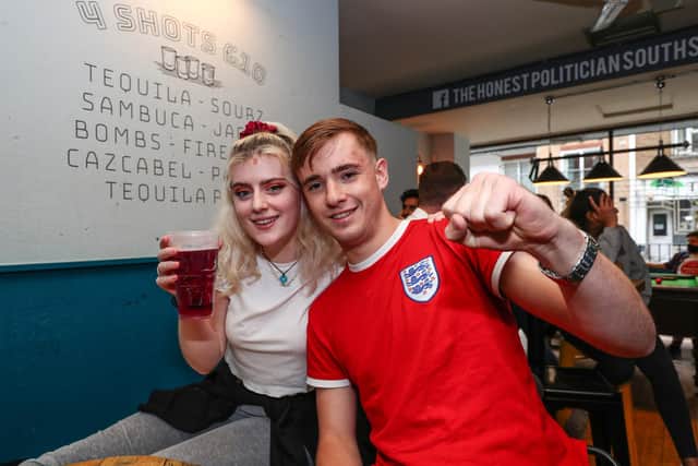 England fans watch England beat Germany 2-0 in the Euros 2020. Fans pictured in the Honest Politician pub. Luke Stallard and Louren O’Neill.
Picture: Stuart Martin (220421-7042)