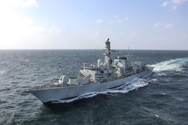 HMS MONTROSE carrying out duties, protecting British shipping in the Gulf. Photo: LPhot Rory Arnold