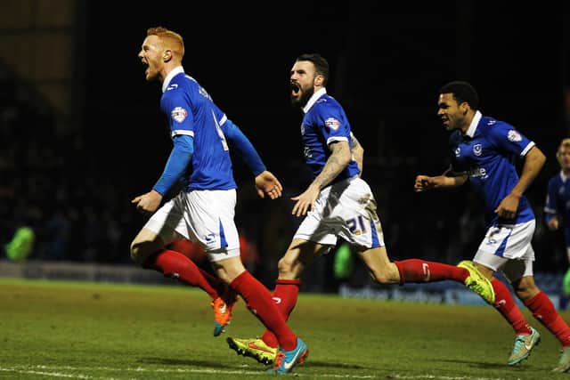 Ryan Taylor celebrates the first of his two goals in Pompey's late comeback against Tranmere in February 2015. Picture: Joe Pepler
