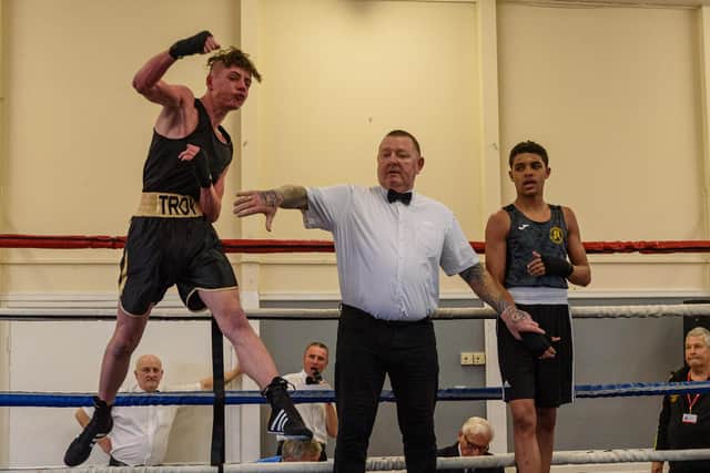 Waterlooville ABC's Troy Cook jumps for joy after winning his bout in the club's last show held in March 2020 Picture: Vernon Nash (070320-059