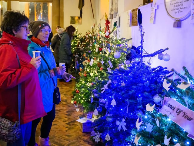 Pictured is: Sue Lamport with Nick Sterne admiring one the trees at the event
Picture: Keith Woodland (071221-83)