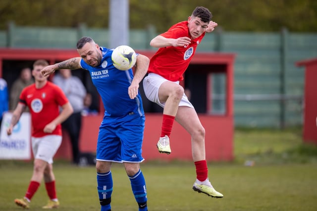 Action from Gosport Town's 4-0 victory over Lee Rangers (blue kit) in the Portsmouth & District FA Trophy final at Cams Alders. Picture: Alex Shute