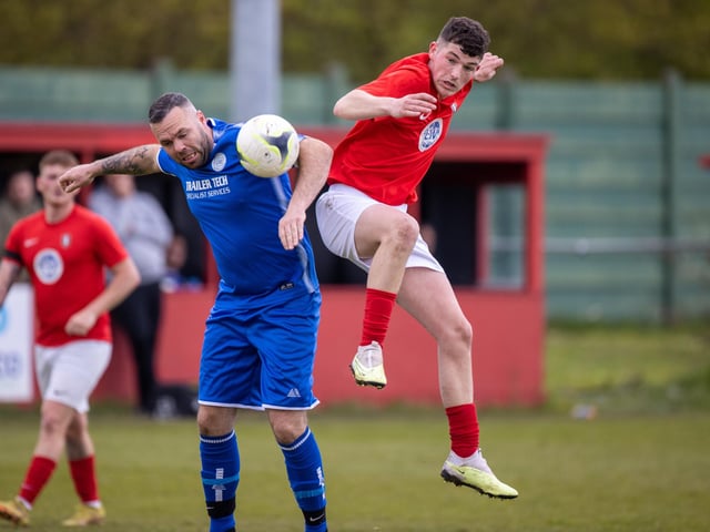 Action from Gosport Town's 4-0 victory over Lee Rangers (blue kit) in the Portsmouth & District FA Trophy final at Cams Alders. Picture: Alex Shute