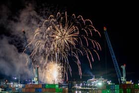 Fireworks display in Portsmouth to welcome new Brittany Ferries vessel Galicia on 3 December 2020. View from Portsmouth Ferry Port.           Picture: Habibur Rahman