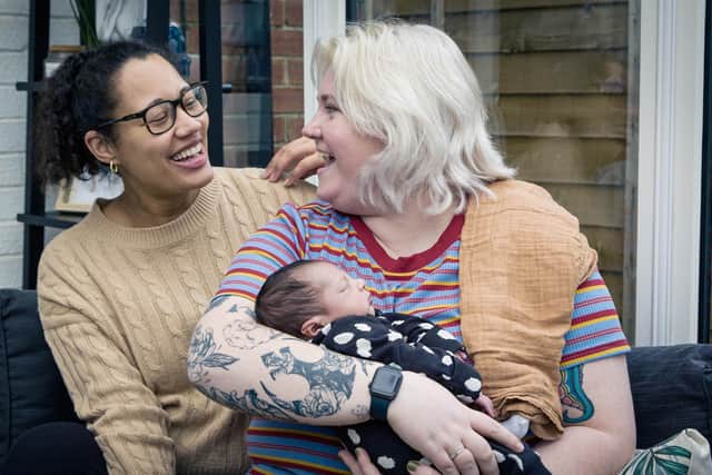 K-Anna (left) and Hannah Loyd-Wheatley from Havant, met while working in America, and have recently had baby Amos via IVF. They are featuring in a year-long documentary series by Johnson's Baby