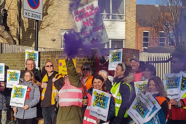 'Hands off our pensions', say teacher members of the NEU.