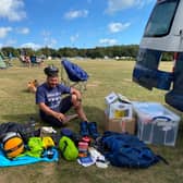 Chris Howard has a 'kit changeover' during his 11,000 mile trek for Children in Need.