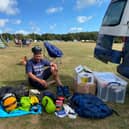 Chris Howard has a 'kit changeover' during his 11,000 mile trek for Children in Need.
