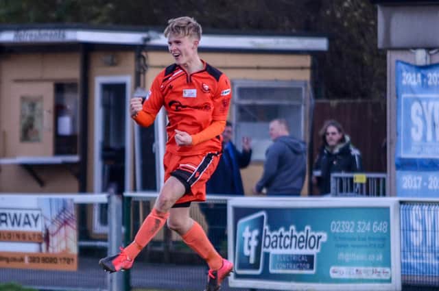 Teenager Harvey Aston celebrates firing AFC Portchester ahead against Cowes. Picture: Daniel Haswell