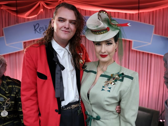 Dita Von Teese poses with  Chandler Tregaskes at Goodwood Revival on Friday, September 6. Photo: Kieran Cleeves/PA Wire