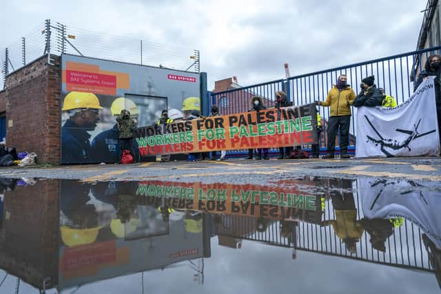 Protesters form a blockade outside BAE Systems in Govan near Glasgow, as part of the ongoing campaign against sending arms to Israel. BAE Systems have a strong presence in Portsmouth, where several Pro-Palestine demonstrations have been held. Picture: Jane Barlow/PA Wire