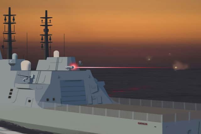 An impression of the laser weapon in action on a Type 26 frigate.