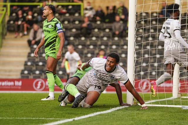 Kusini Yengi celebrates his goal at Forest Green tonight. Pic: Jason Brown.