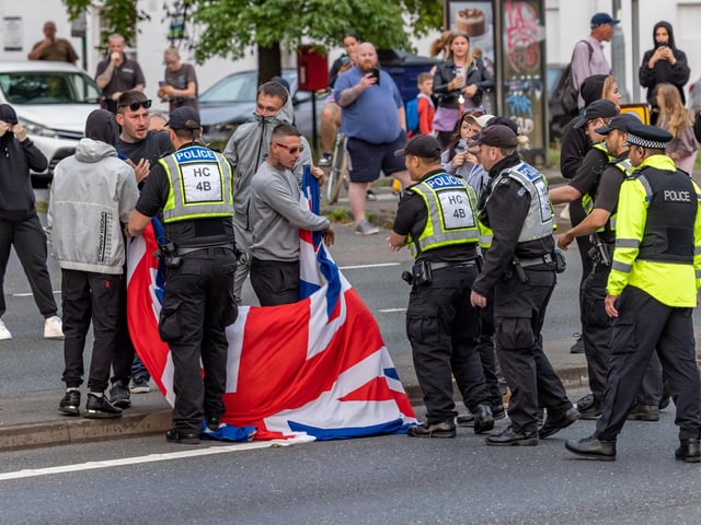 The M275 is brought to a standstill by Anti-immigration protesters. Picture: Mike Cooter (070824)
