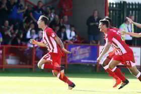 Paddy Lacey celebrates his goal against Pompey in 2016. Photo by Joe Pepler/Digital South.