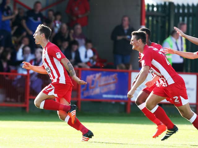 Paddy Lacey celebrates his goal against Pompey in 2016. Photo by Joe Pepler/Digital South.