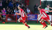 Paddy Lacey celebrates his goal against Pompey in 2016. Photo by Joe Pepler/Digital South.