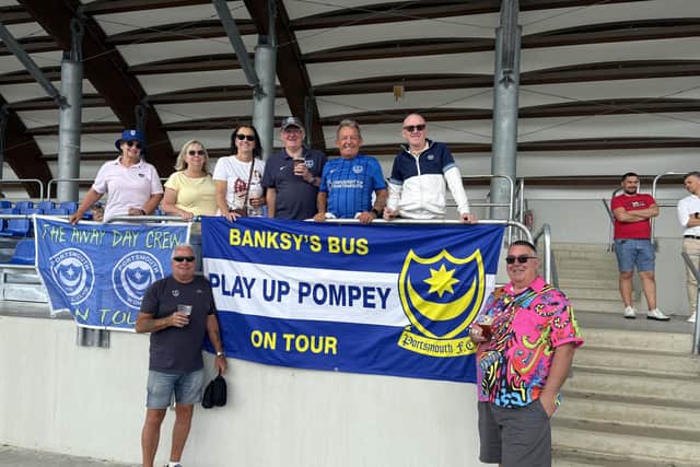 Judy Yoxall, Fiona Kerr, Meg Argyle, Paul Banks, Paul Crage, Barrington Bain, Paul Argyle and Jon Cheeseman at Pompey's open training session at the X-Bionic Sphere Sports Centre in Šamorín, Slovakia.