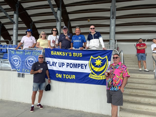 Judy Yoxall, Fiona Kerr, Meg Argyle, Paul Banks, Paul Crage, Barrington Bain, Paul Argyle and Jon Cheeseman at Pompey's open training session at the X-Bionic Sphere Sports Centre in Šamorín, Slovakia.