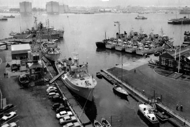 What is now Gunwharf Quays was once HMS Vernon and here are at least eight minesweepers alongside in a photo taken before 1970.