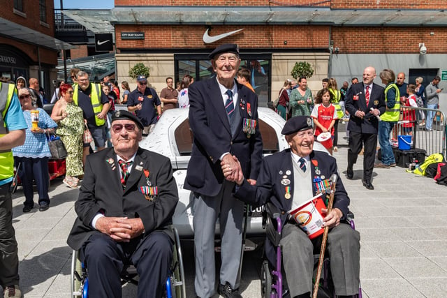 The honoured guests at the Guinness World record attempt. Pictured: Richard Aldred (99, Royal Armoured Corps), Henry Rice (97, Royal Navy) and Cyril Stanley (Stan) Ford (98, Royal Navy). 
Picture: Mike Cooter (290723)
