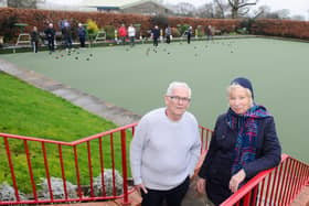 Derek Holt, pictured here with Waterlooville BC committee member Jackie Buckley, led his rink to victory in the Portsmouth League game against Rowner.
Picture: Sarah Standing
