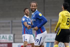 Marcus Harness of Portsmouth celebrates after scoring their second goal to equalise and make the score 2-2 during the Sky Bet League One match between Burton Albion and Portsmouth at Pirelli Stadium on October 3rd 2020 in Burton, England. (Photo by Daniel Chesterton/phcimages.com)