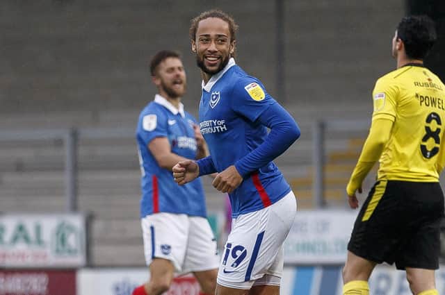 Marcus Harness of Portsmouth celebrates after scoring their second goal to equalise and make the score 2-2 during the Sky Bet League One match between Burton Albion and Portsmouth at Pirelli Stadium on October 3rd 2020 in Burton, England. (Photo by Daniel Chesterton/phcimages.com)