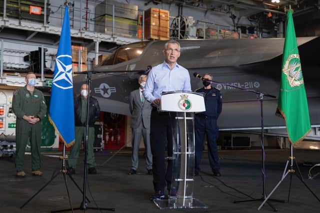 Nato secretary general Jens Stoltenberg giving a speech during a joint press conference on HMS Queen Elizabeth. Photo: Nato