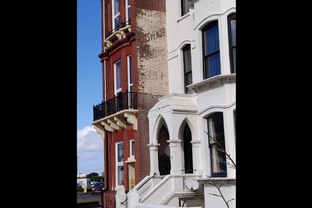 A faded advert for the Grosvenor Hotel. The building is now the Grosvenor Halls of Residence, used by students at the International College Portsmouth.